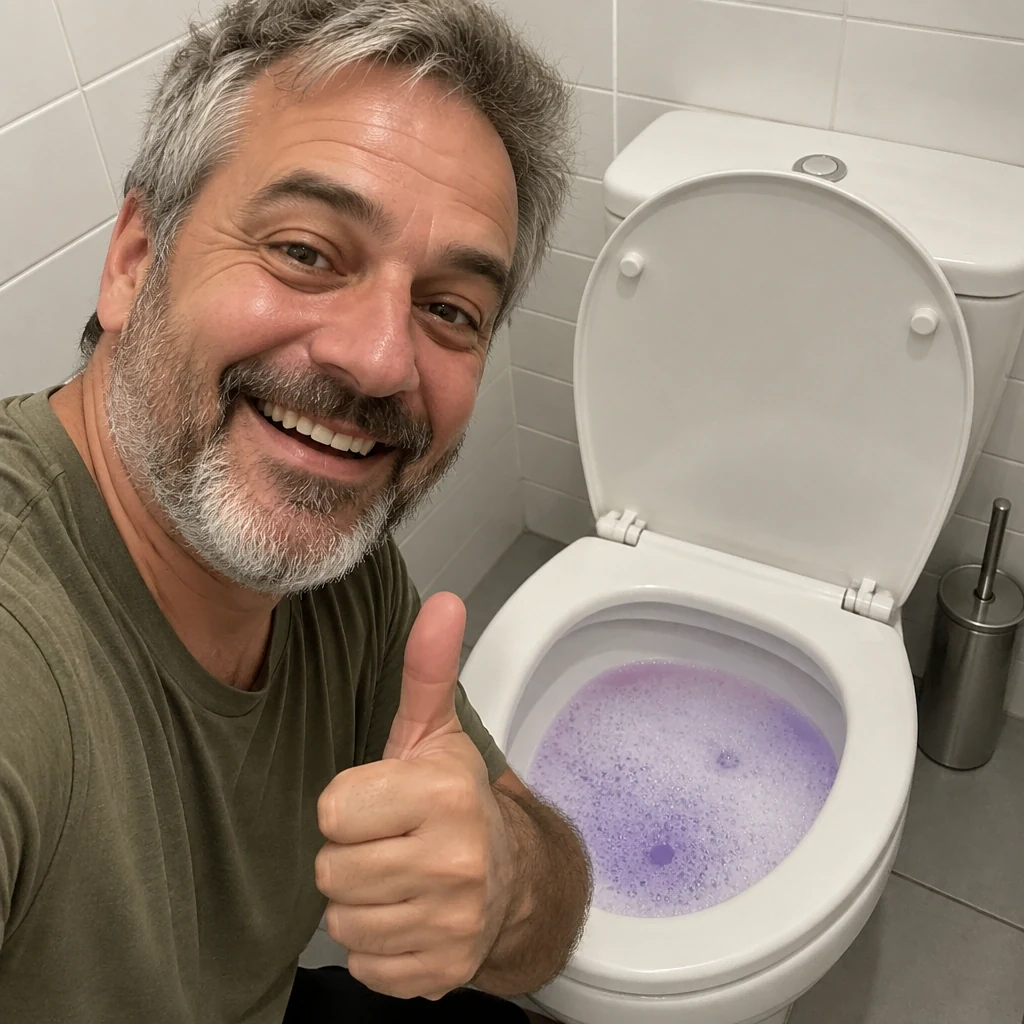 Bearded man giving a thumbs up next to a foaming toilet