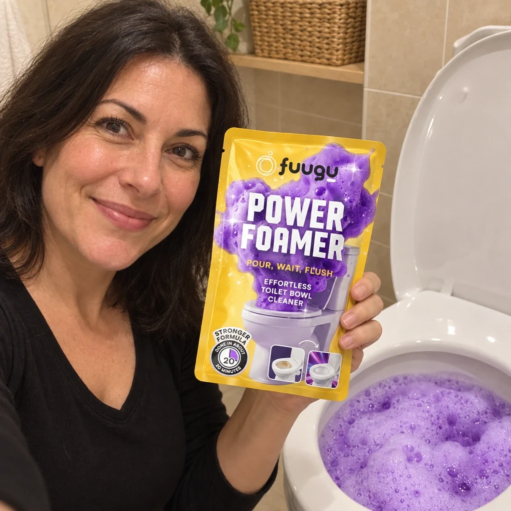 Woman holding a Fuugu pouch next to a foaming toilet