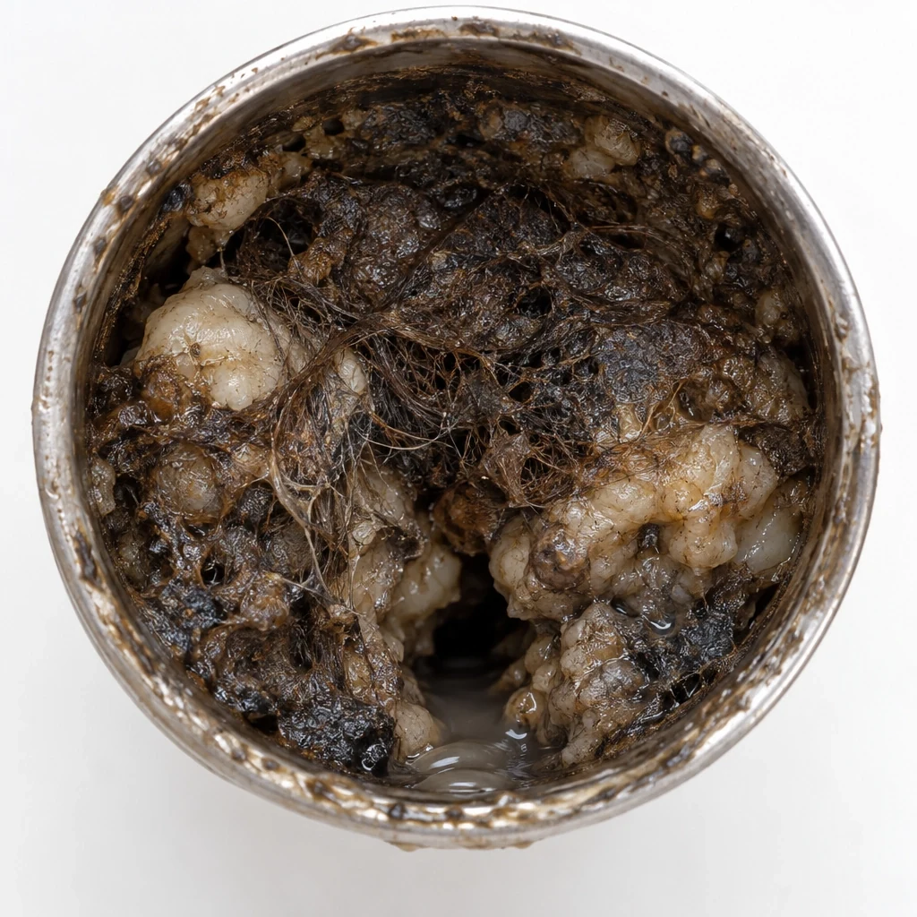 Pipe interior almost fully choked with dark buildup