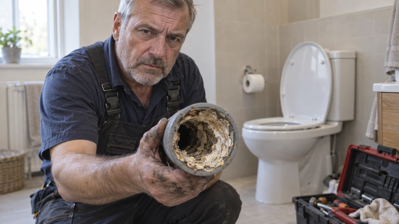 A plumber crouching in a bathroom holds up a pipe section crusted shut with buildup